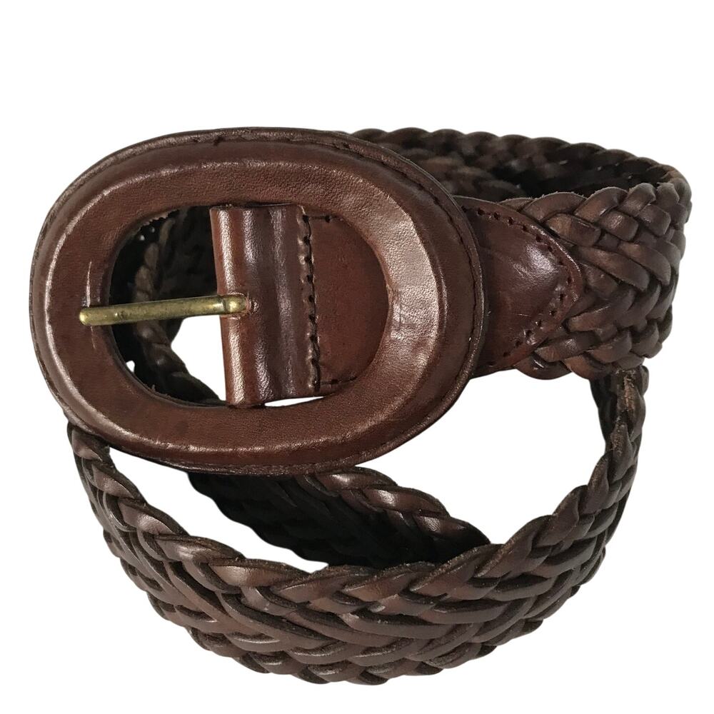 Eddie Bauer Belt Large Womens Leather Brown Woven Made in Turkey Excellent L